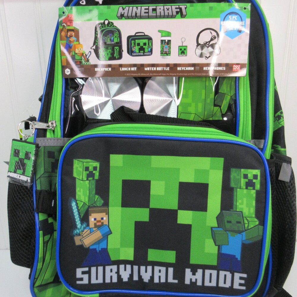 Minecraft 17" Backpack Set With Headphones Lunch box Water Bottle 5pcs Green